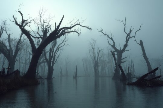 Creepy foggy swamp with gnarled dead trees and faint unnatural glow. - Powered by Adobe