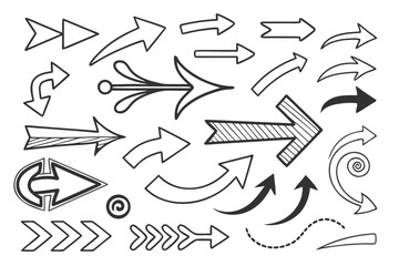 Hand-Drawn Vector Arrow Collection Featuring Circular, Curved, and Swirled Icons in Black. Perfect for UI Navigation, Infographic Designs, and Presentation Graphic Templates.

