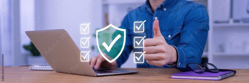 Aufkleber person using a laptop with a graphic of a shield and checkmarks.