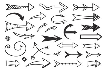 Hand-Drawn Doodle Arrows in Vector Format. Circular and Zigzag Arrow Icons in Black Sketch Style for UI Navigation Graphics, Infographic Presentations, and Design Projects.

