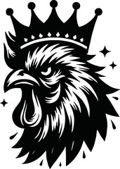 silhouette angry rooster head with crown vector logo isolated on white background