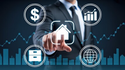 Businessperson interacting with digital financial icons.