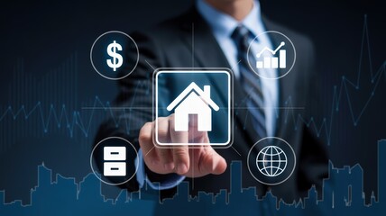 A person's finger touches a house icon on a digital interface.