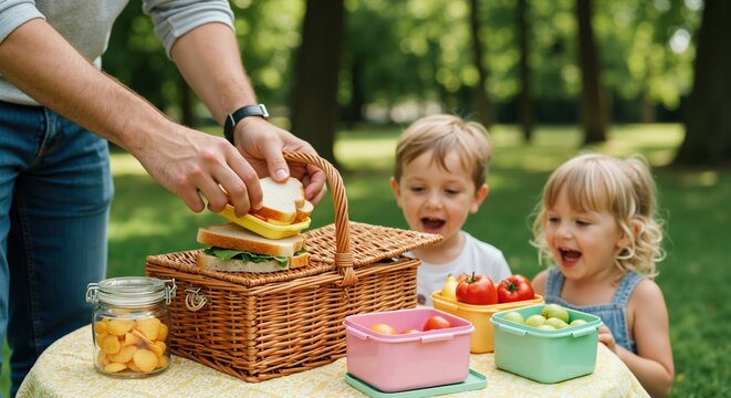 Father preparing wicker picnic basket with sandwiches while children watch excitedly. Colorful lunch boxes, glass jar, green park background. Summer family outdoor dining concept - Powered by Adobe