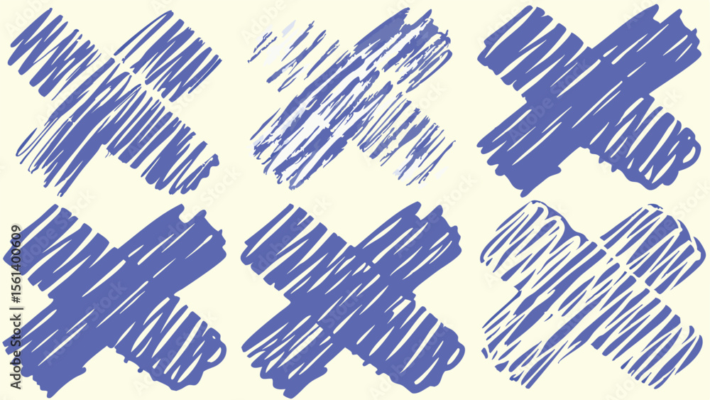 Aufkleber six cross shapes with blue scribbled lines arranged in a grid on a cream colored background