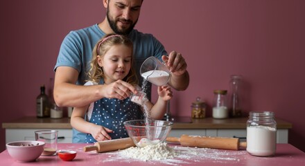 Father helping daughter pour milk into bowl while baking. Blue polka dot dress, turquoise t-shirt, measuring cup, kitchen counter. Family cooking education concept