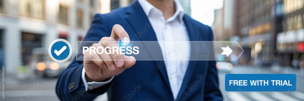 Poster businessperson selects progress option on a digital interface.