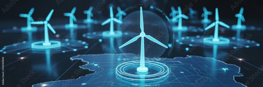 Poster digital representation of wind turbines overlaid on a global map.