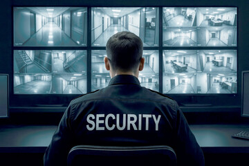 Security officer watching surveillance monitors security guard security system