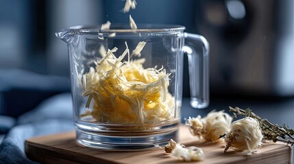 Kitchen Ginger, grated, falling, glass, jar, preparation, herbs, food, processing