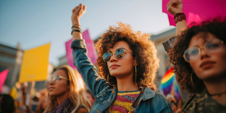 Group of non-binary and LGBTQ+ activists holding signs, diverse street scene