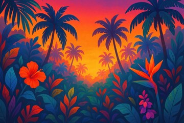 Vibrant tropical foliage and palm trees at sunset jungle hibiscus