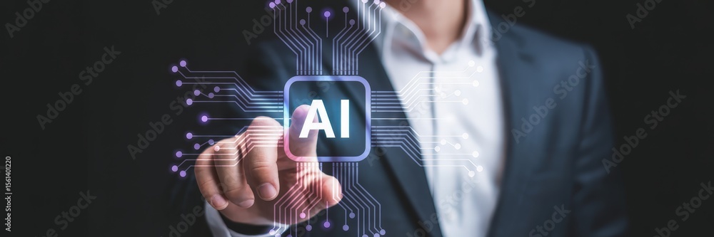 Poster a person interacts with a holographic representation of artificial intelligence.