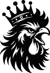 silhouette angry rooster head with crown vector logo isolated on white background