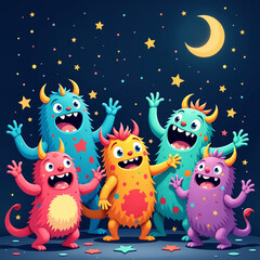 Obraz premium Colorful cartoon monsters celebrating under the moon, playful and cheerful atmosphere, whimsical night sky background