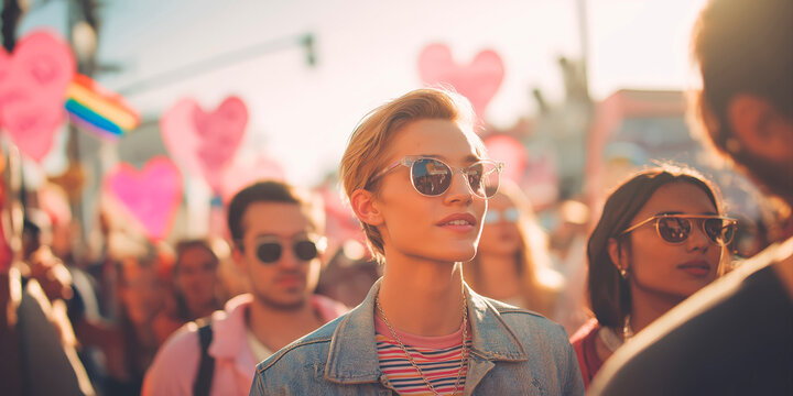 Group of non-binary and LGBTQ+ activists holding signs, diverse street scene