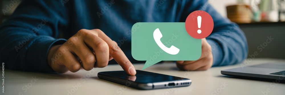 Aufkleber person interacting with a smartphone displaying a missed call notification.