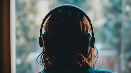 Peaceful Moment of Female in Headphones Standing at Home Window Lost in Music and Thought, A person with long hair wearing headphones stands by a window, deep in thought while enjoying music