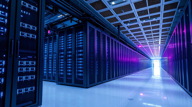 Modern data center with illuminated server racks in a secure server room with blue LED lighting
