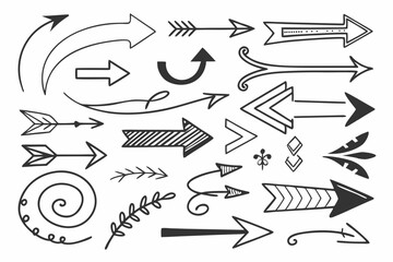 Swirled Hand-Drawn Arrows Set in Black Doodle Style. Vector Arrow Icons for Use in Presentation Templates, UI Navigation Charts, and Creative Infographic Graphics.

