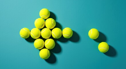 Yellow tennis balls arranged in arrow shape pointing right, turquoise background. Sports equipment display, directional concept. Tennis training concept