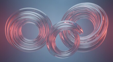 3D glass rings intertwined with pink red glow, blue purple gradient background. Abstract geometric sculpture, modern digital art. Technology design concept