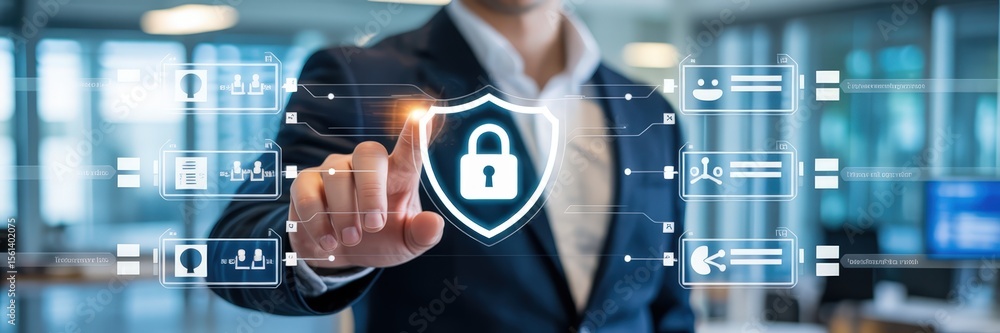 Poster a person interacts with a digital security interface.