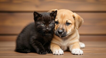 Touching friendship featuring a cute black kitten and a tan puppy cuddling on wood, perfect for pet adoption campaigns, heartwarming stories, or veterinary clinics. Ideal for pet lovers.