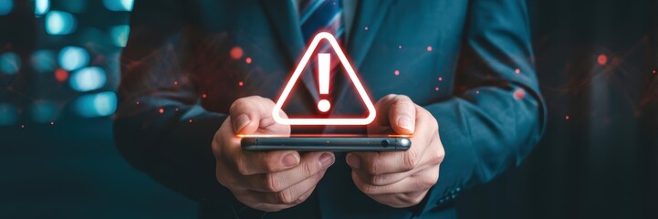 Person holding a smartphone with a warning symbol.