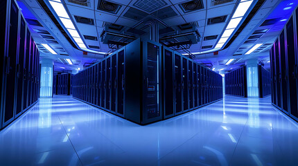 Modern data center with illuminated server racks in a secure server room with blue LED lighting
