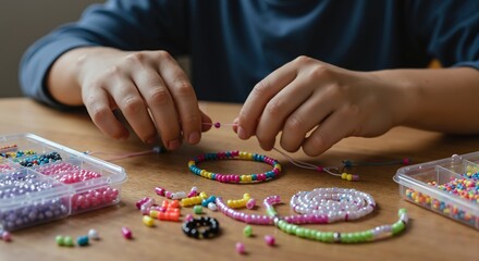 Hands making colorful bead jewelry with rainbow beads on wooden table. Person crafting bracelet necklace with multicolored beads plastic containers. Arts crafts hobby concept banner horizontal