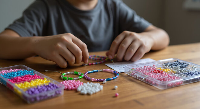 Person in gray shirt making colorful bead bracelets with organized beads wooden surface. Hands crafting jewelry with rainbow colored beads containers. Creative hobby concept banner horizontal