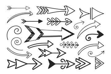 Set of Hand-Drawn Vector Arrows in Swirled and Circular Sketch Styles. Black Doodle Icons for Infographics, Navigation UI, Web Presentations, and Creative Visual Projects.

