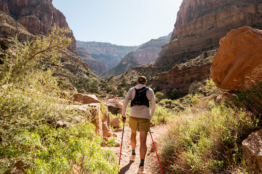 White male in his early 50s runs the Grand Canyon.