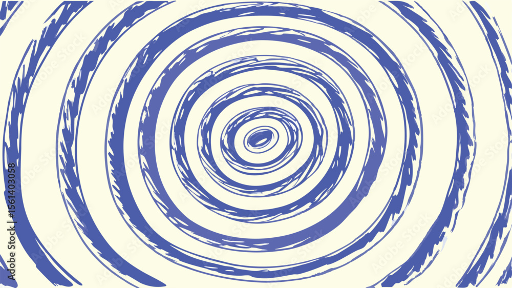 Poster a spiral pattern with blue concentric circles creating an optical illusion on a cream colored backgr
