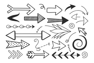 Collection of Hand-Drawn Arrows in Vector Format. Curved, Swirled, and Zigzag Black Arrow Icons for Presentation Layouts, UI Navigation Symbols, and Infographic Charts.

