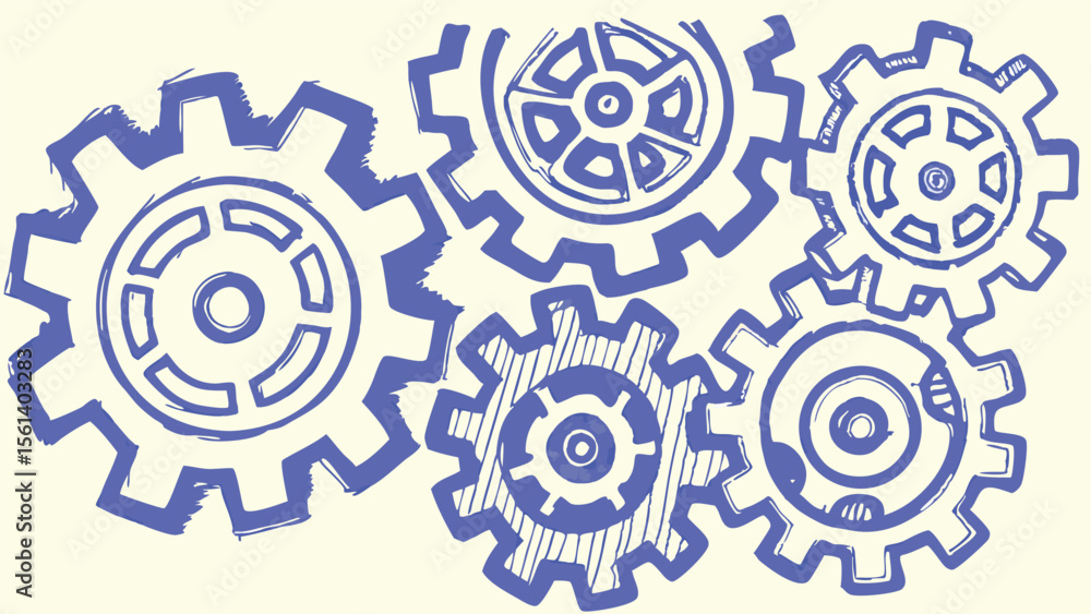 Aufkleber illustration of several blue gears interlocking and overlapping on a light background surface design