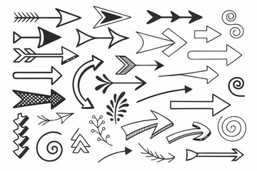 Creative Set of Hand-Drawn Arrows in Sketch Style. Black Vector Arrow Icons in Circular, Curved, and Zigzag Forms for UI Design, Infographics, and Presentation Layouts.

