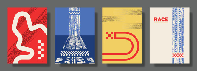 Race Track Poster Set – Grunge Tire Mark and Finish Line Graphic Art in Retro Racing Style © fahmithl