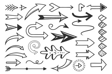 Hand-Drawn Arrow Vector Collection in Sketch Style. Curved, Circular, and Zigzag Arrows in Black for Use in Presentation Infographics, Navigation UI, and Design Graphics.


