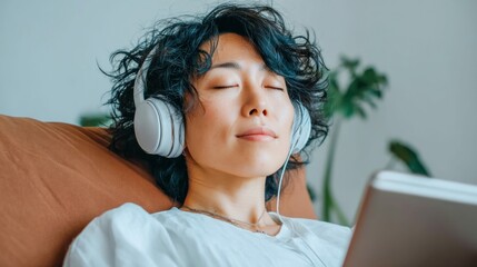 An Asian woman wearing headphones listens to music, relaxing indoors. She appears calm and serene.