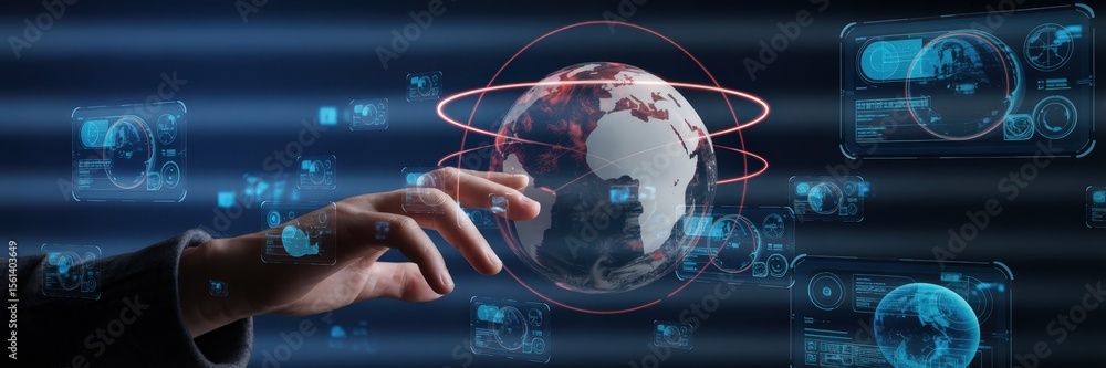 Poster hand interacting with a holographic projection of a globe and data overlays.