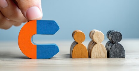 A hand holds a colorful magnet, attracting a row of wooden figures
