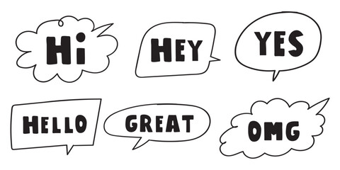 Set of speech bubbles. Doodles. sketches. Outline icons. Hi, Hey, hello, Yes, Great, OMG, Sticker, banner, T shirt design. Hand drawn illustrations on white background.