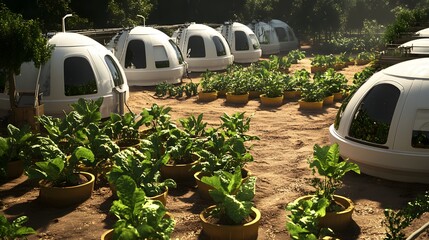 White geodesic domes nestled among cultivated plants.