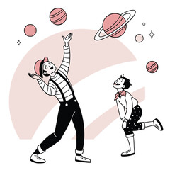 Obraz premium Two mimes with planets and stars in a whimsical scene with a light pink background and white space design