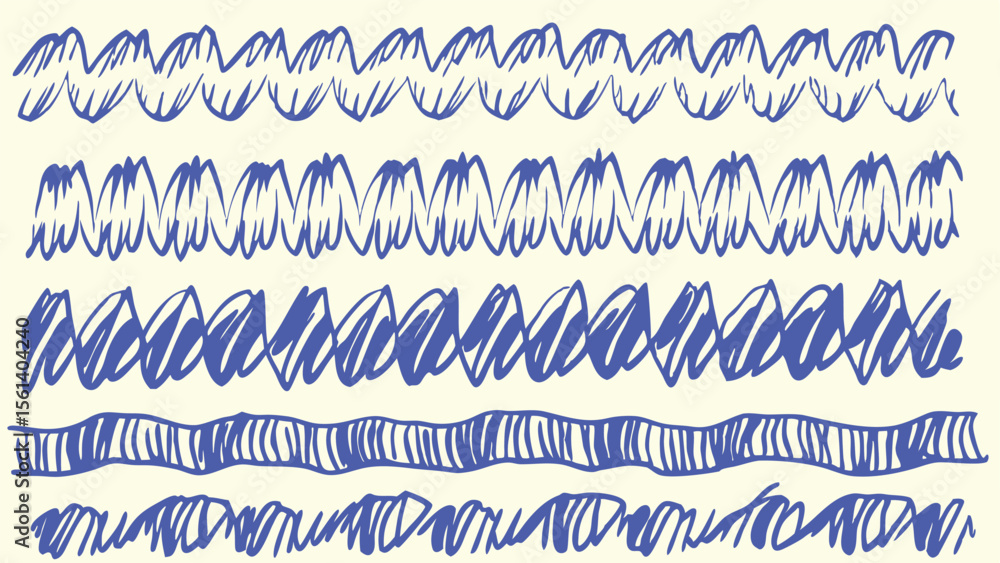 Poster hand drawn blue lines creating various wave patterns on a light background, artistic and decorative