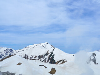 観光名所立山黒部アルペンルートの室堂の雪原と地獄谷の風景