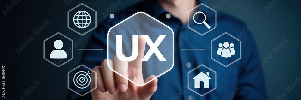 Poster person interacting with a user interface design concept.