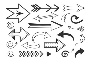 Doodle Arrows Collection in Hand-Drawn Style. Sketchy Black Arrow Icons for Design Projects, Presentations, Web UI Navigation, Infographics, and Creative Vector Illustrations.

